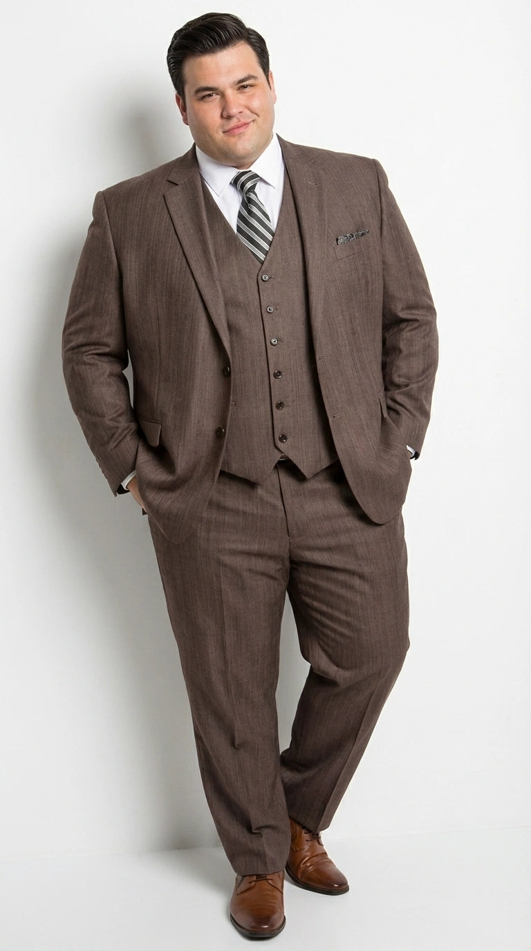 Men’s Brown Sharkskin 3 Piece Suit – Textured Two Button Vested Business Formal Suit for Wedding, Party Wear Vested - 34 Short or Extra Small
