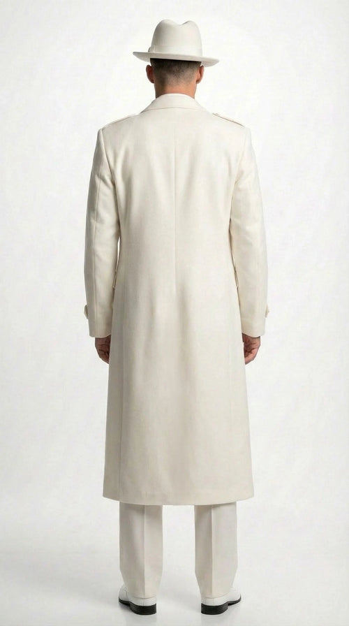 Men’s Ivory Cream Off White  Full Length Zoot Suit – Vintage Gangster Style Long Coat Formal Suit