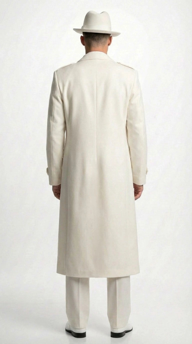 Men’s Ivory Cream Off White  Full Length Zoot Suit – Vintage Gangster Style Long Coat Formal Suit - Coat Size 38