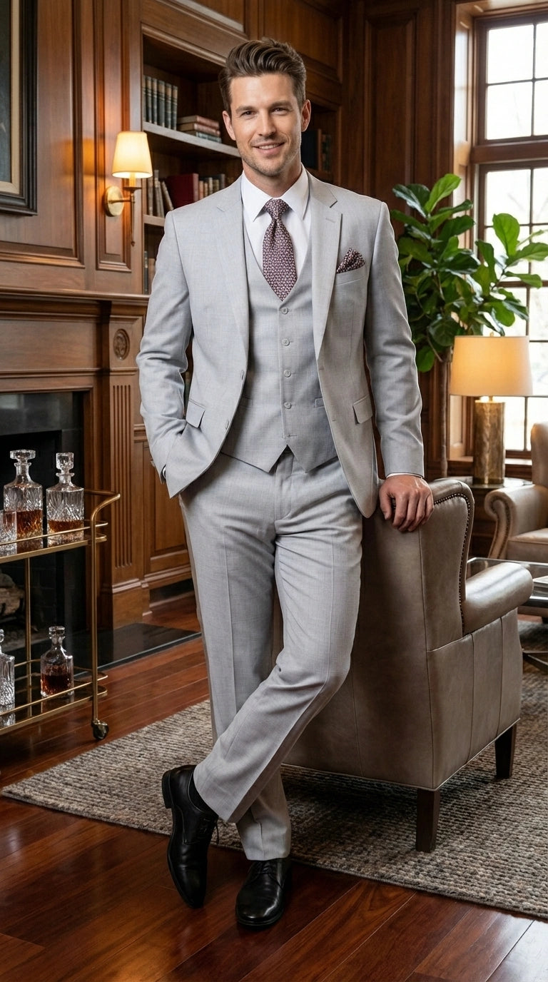 Men’s Light Grey Sharkskin 3 Piece Suit – Two Button Vested Modern Formal Business Suit for Wedding in silver Ice Gray - 34 Short or Extra Small