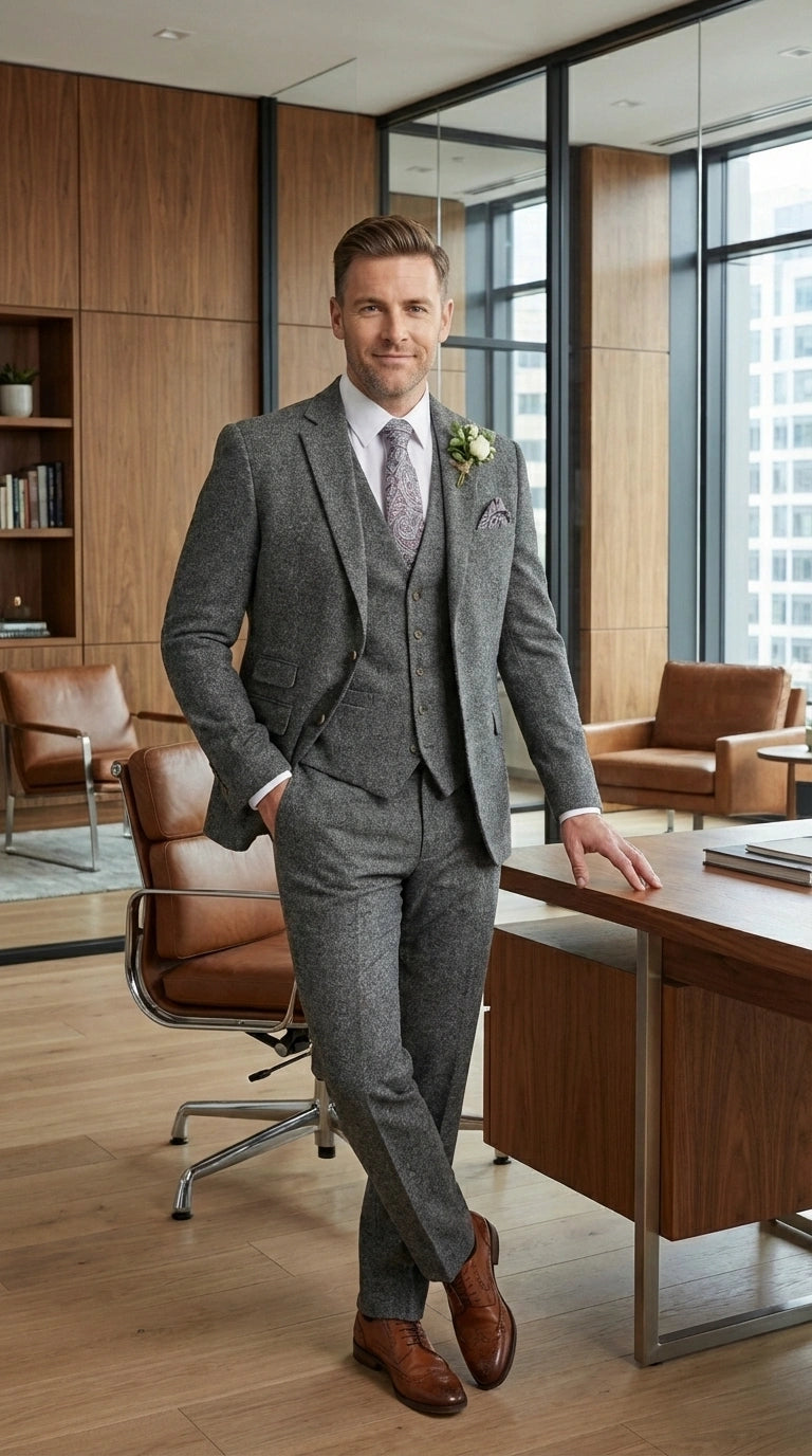 Men’s Peaky Blinder Light Grey Tweed Suit with Vest – Classic Three Piece Formal Suit, Vintage Wedding Business Outfit - 34 Short or Extra Small