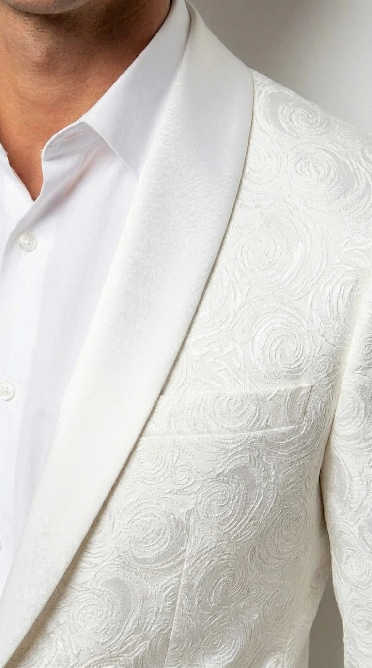 Men’s White Paisley Disco Blazer 1980s Style Jacket – Shawl Lapel Formal Party Blazer, Elegant Masquerade Club Wear, Stylish Evening Outfit - 36 Short