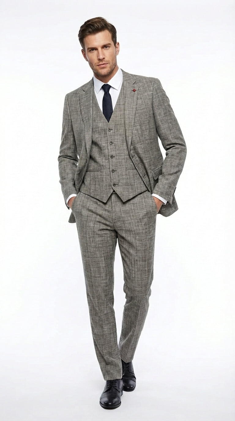 Vitali Brand Men’s Grey Textured Patterned 3 Piece Suit – Modern Fit Checkered Sharkskin with Blazer, Vest & Trousers, Business Wedding - 34 Short or Extra Small