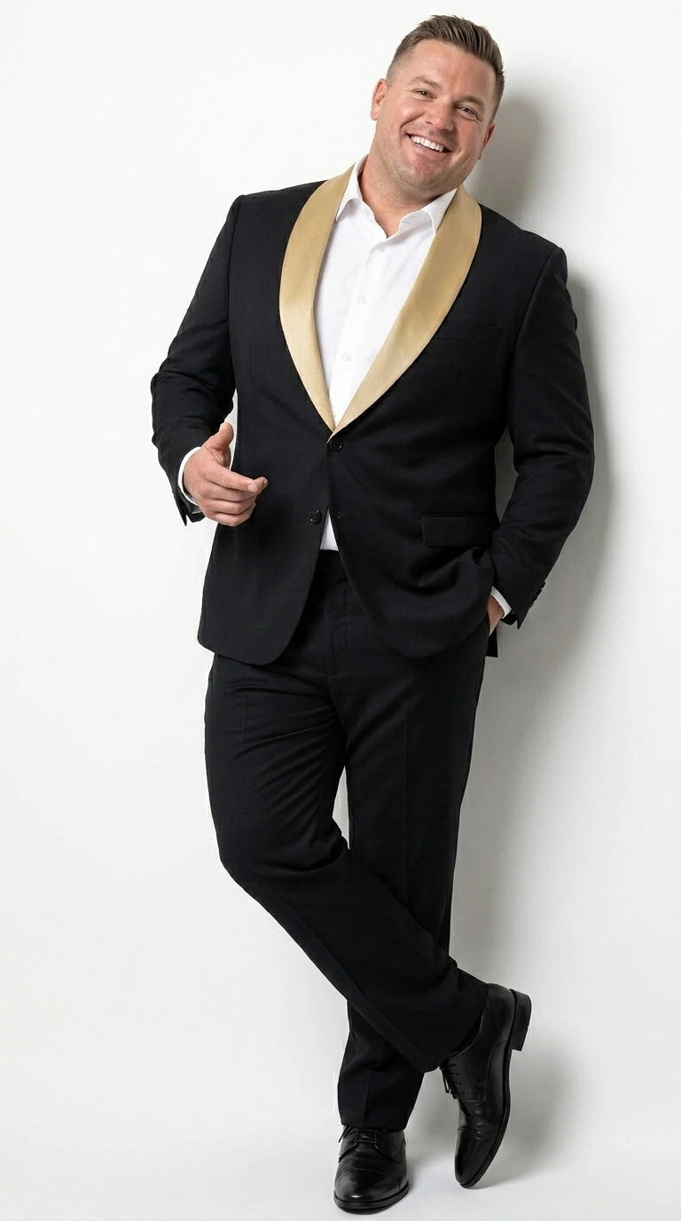 Men’s Black Suit with Gold Lapel – Luxury Formal Tuxedo Style Suit for Wedding, Prom, Party and Evening Wear - 34 Short or Extra Small