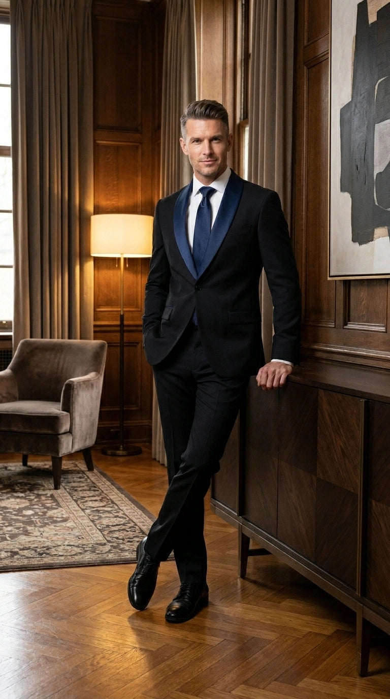 Men’s Black Suit with Navy Blue Lapel – Elegant Formal Tuxedo Style Suit for Wedding, Prom, Party and Evening Wear - 34 Short or Extra Small