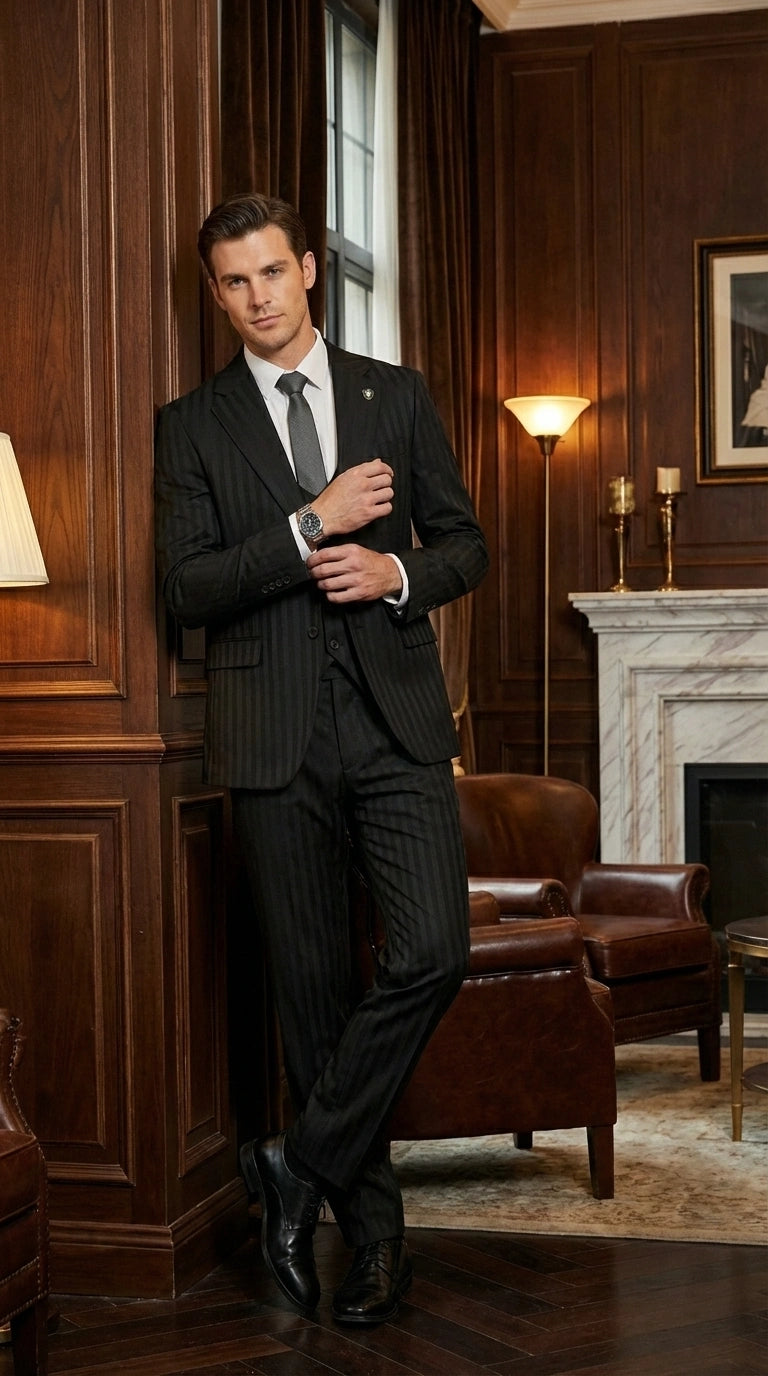 Men’s Black Pinstripe 3 Piece Suit – Vested Formal Business Suit for Wedding, Office, Prom and Party Wear - 34 Short or Extra Small