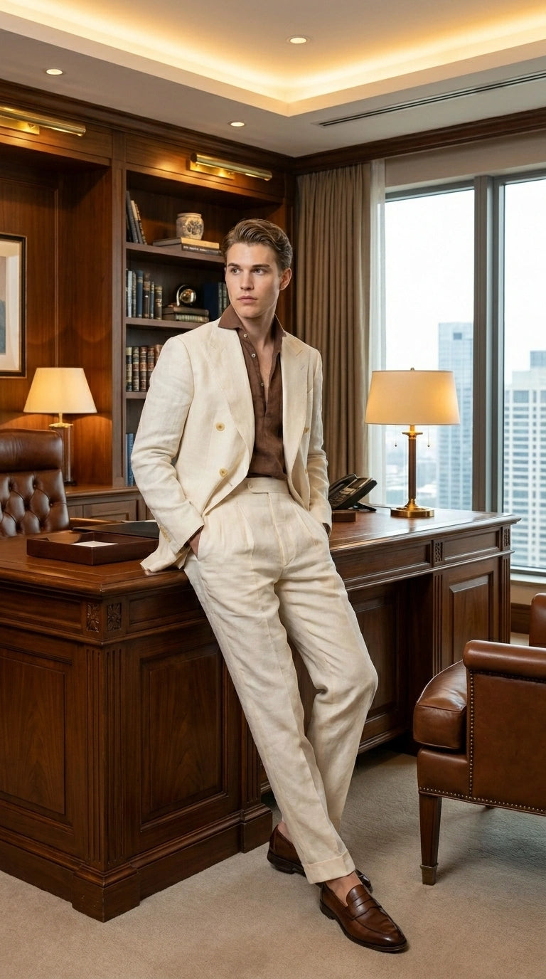 Men’s Off White 70s Style Double Breasted Suit – Vintage Retro Wide Lapel Classic Outfit for Party, Wedding and Casual Fashion Wear - 34 Short or Extra Small