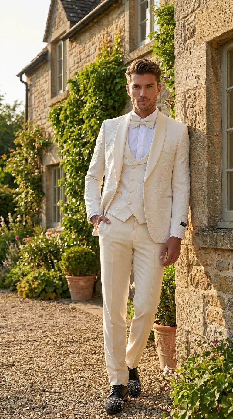 Men’s Ivory Paisley Tuxedo Suit 3 Piece – One Button Vested Satin Formal Suit for Wedding in Off white Cream Color - 40