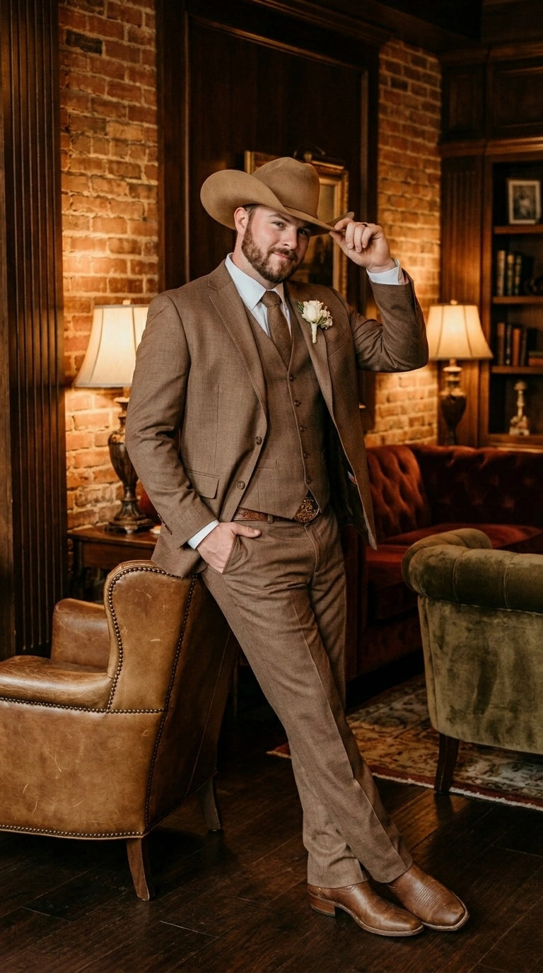 Men’s Light Brown Western 3 Piece Suit – Classic Country Style Blazer Vest Pants Set, Formal Cowboy Suit Toast - 34 Short or Extra Small