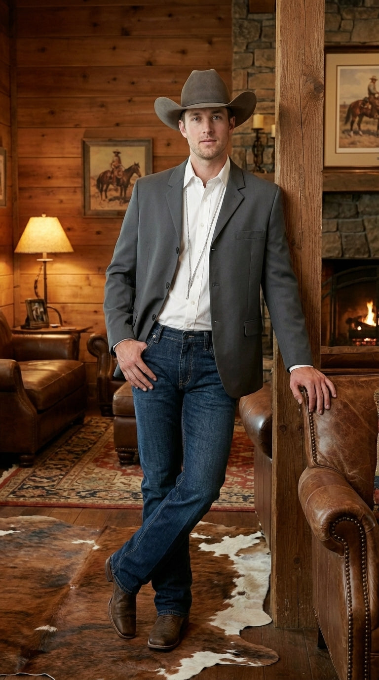 Mens Charcoal Grey Three Buttons Western Blazer – Classic Fit Cowboy Style Three Button Formal Dress Jacket - 34 Short
