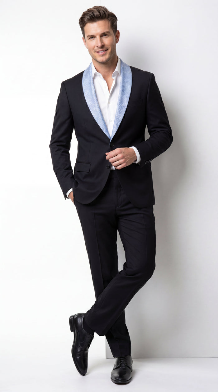 Men’s Black Suit with Light Blue Lapel – Modern Formal Tuxedo Style Suit for Wedding, Prom, Party and Sky Powder Blue Color