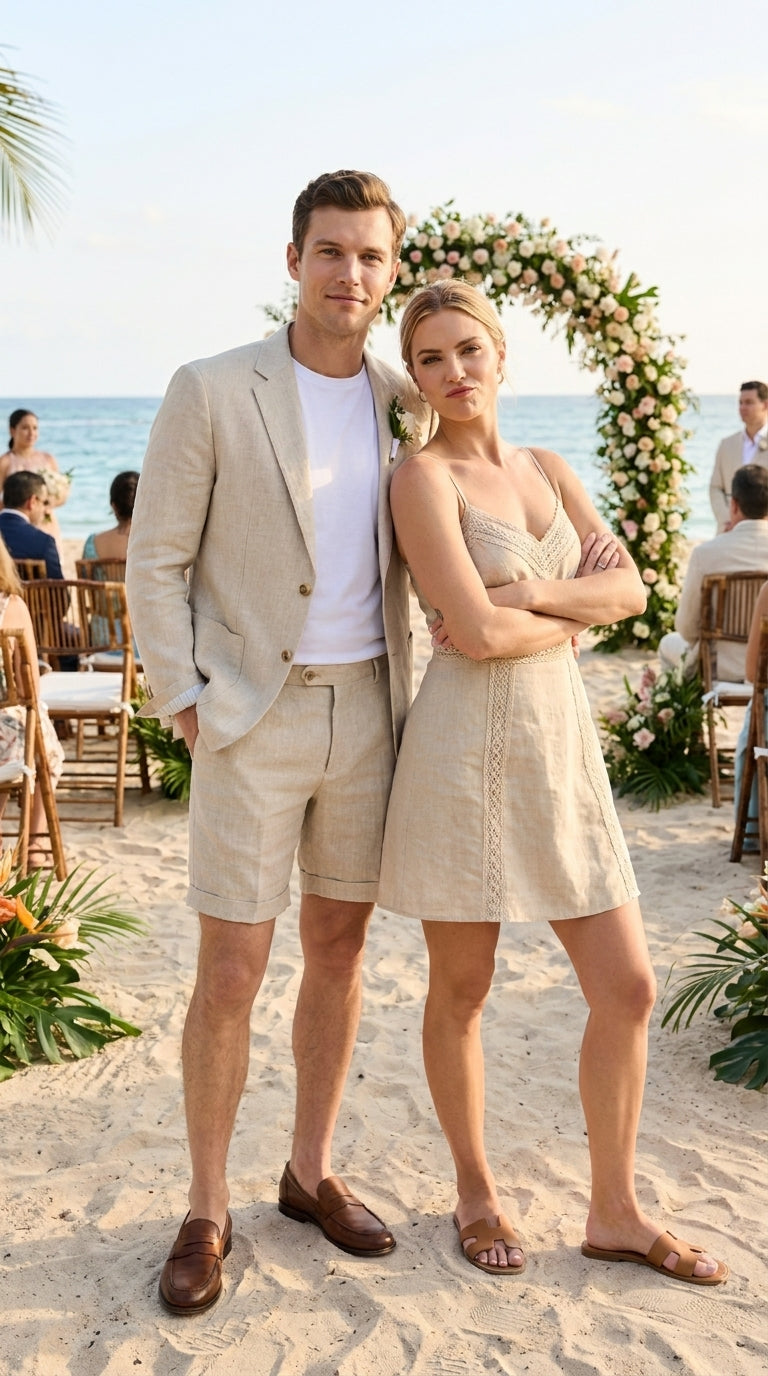 Men’s Tan Linen Suit with Shorts, 2 Piece Summer Short Suit, Casual Beach Wedding Outfit - 34 Short or Extra Small