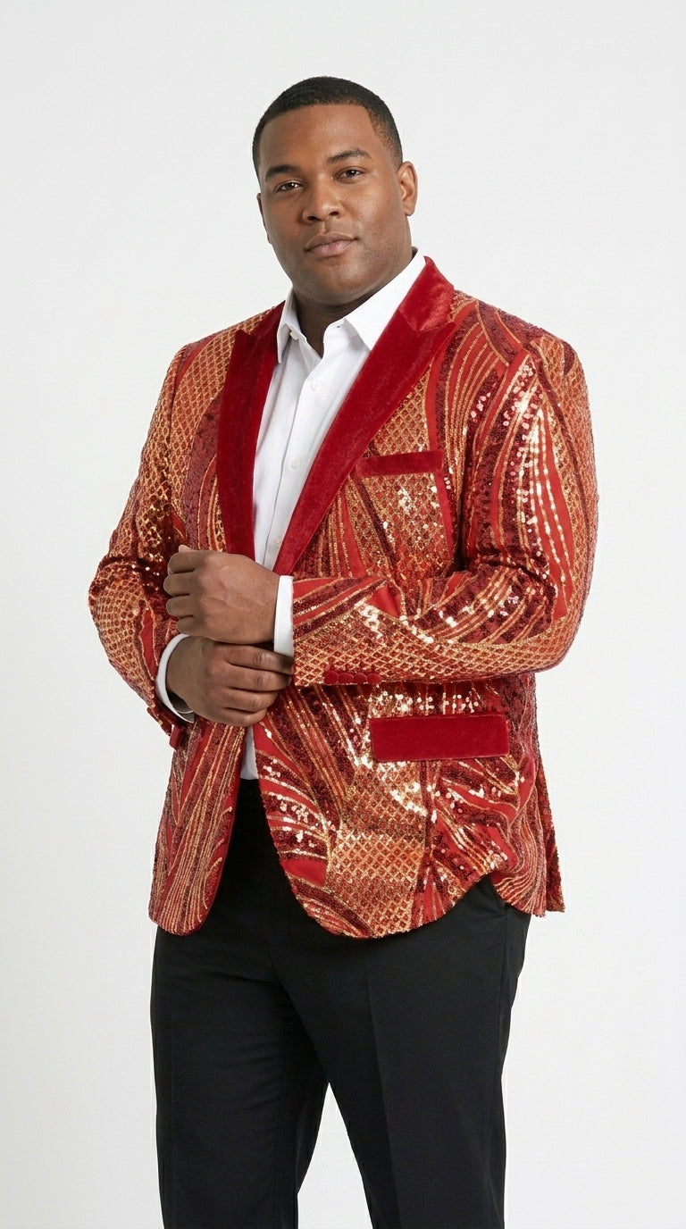 Men’s Red and Gold Sequin Christmas Holiday Blazer – Luxury Party Jacket for New Year, Wedding and Festive Events - 36 Short