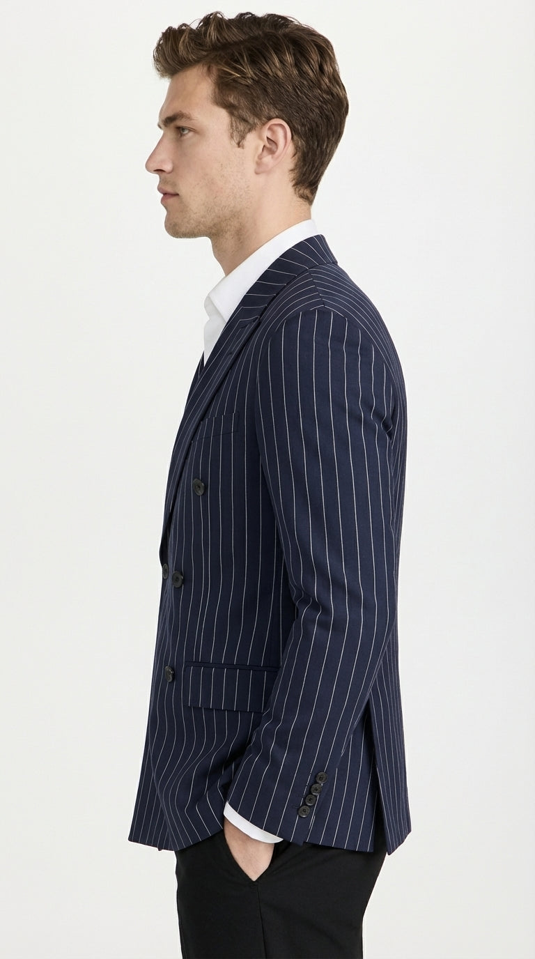 Mens Navy Blue Pinstripe Double Breasted Blazer Sport Coat – Classic Formal Business Jacket for Party and Smart Casual Wear - 36 Short