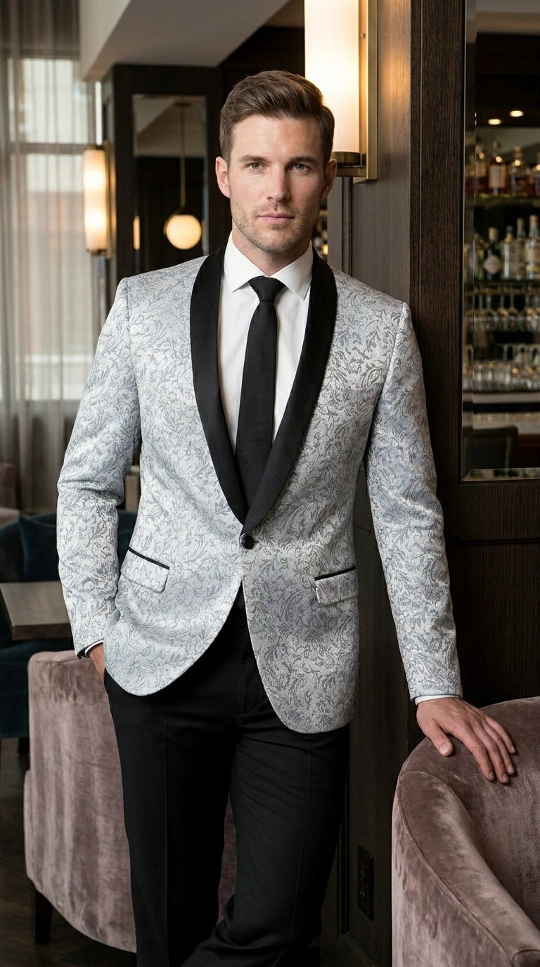 Men’s Silver and Black Floral Blazer – Elegant Formal Tuxedo Style Blazer Jacket for Wedding, Party, Prom and Evening Wear - 36R
