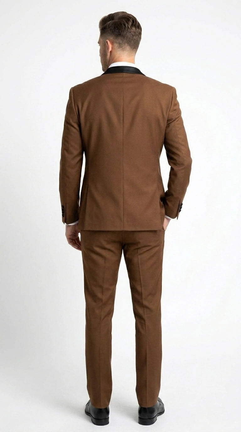 Men’s Light Brown Vested Piece Suit – Elegant Formal Suit with Contrast Lapel for Wedding, Party - 34 Short or Extra Small
