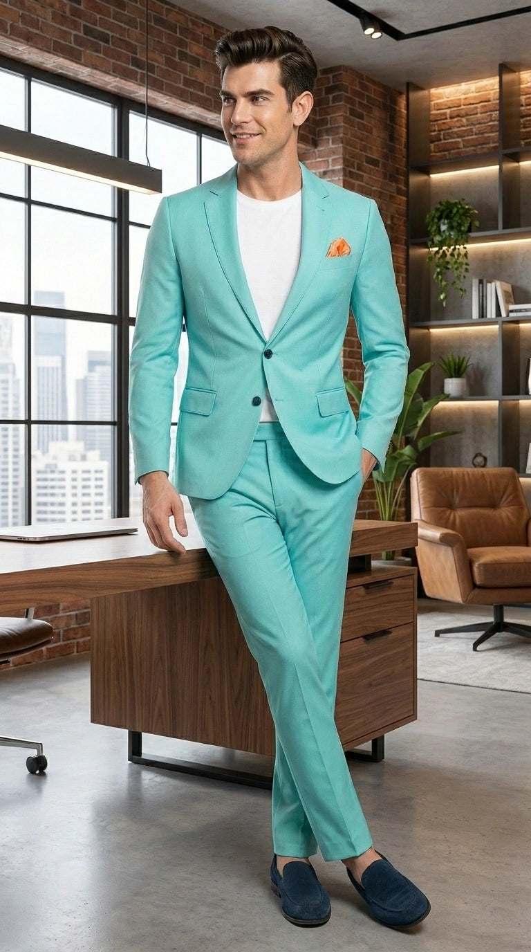Men’s Turquoise 2 Piece Suit with Jacket and Pants, Formal Wedding Suit for Prom, Parties, Summer Events, and Special Occasions - 34 Short or Extra Small