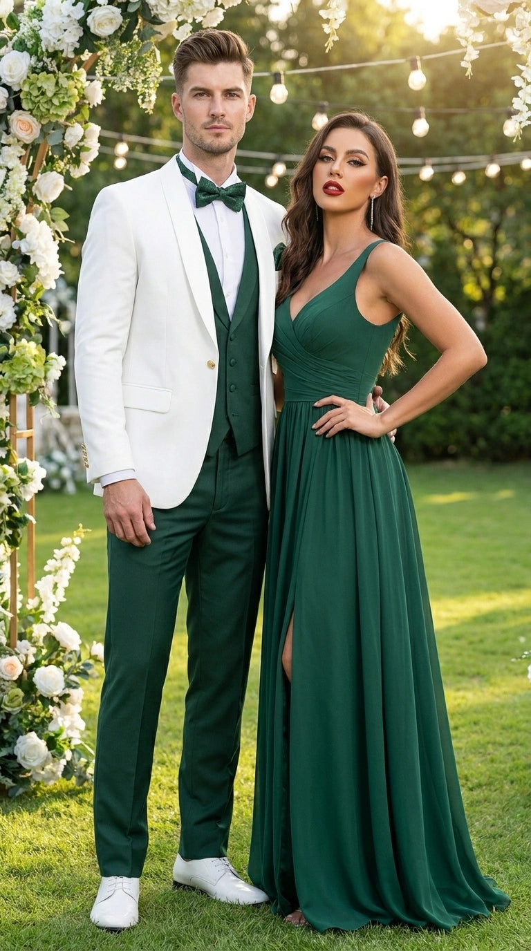 Men’s White and Hunter Green 3 Piece Suit – Elegant Formal Suit with Vest, Wedding Tuxedo Suit for Prom and Party Wear - 34 Short or Extra Small