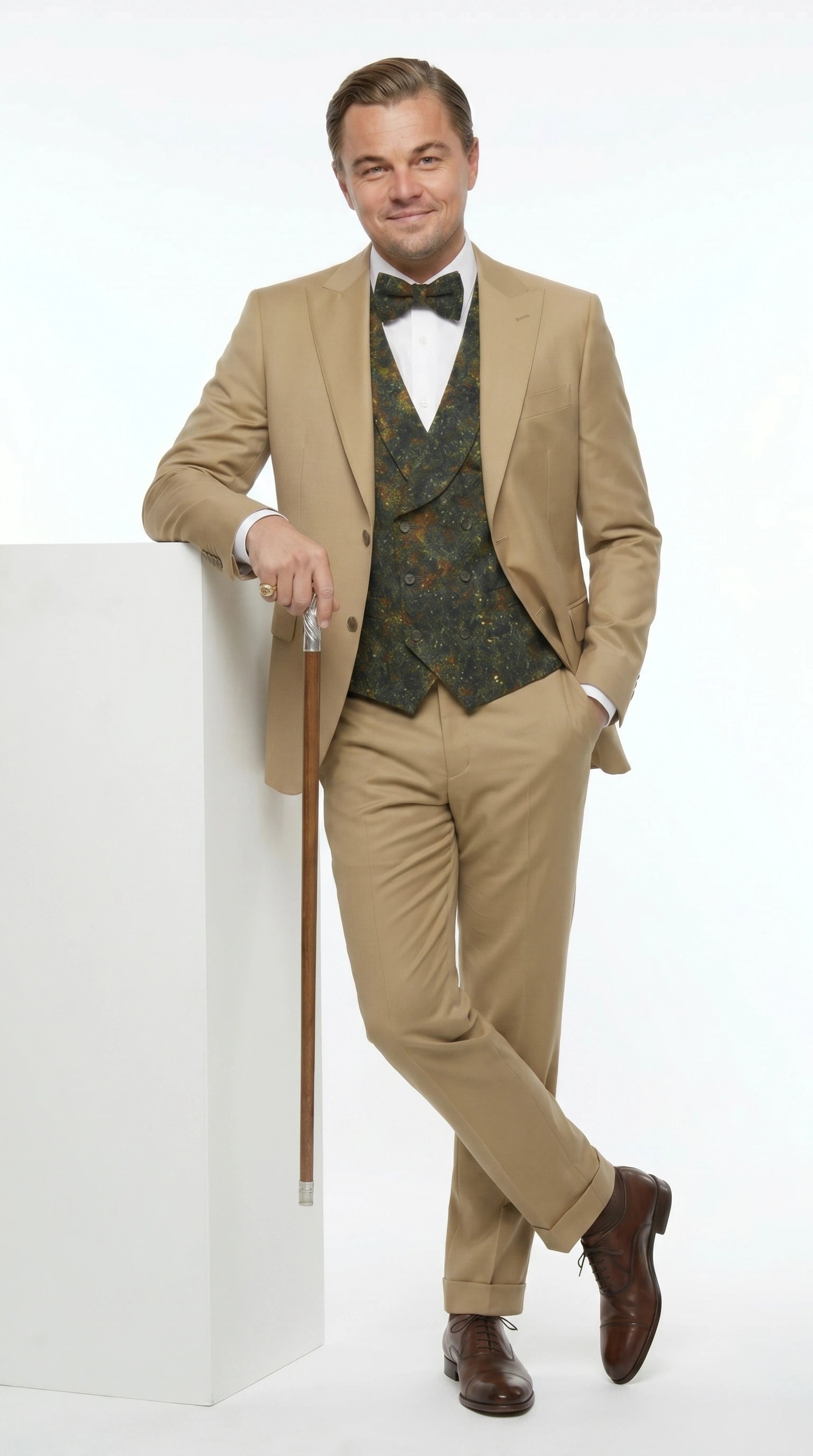 Men’s Khaki 3 Piece Suit with Patterned Vest, Great Gatsby Inspired Formal Suit for Weddings, Mardi Gra in Tan Camel Color - 34 Short or Extra Small