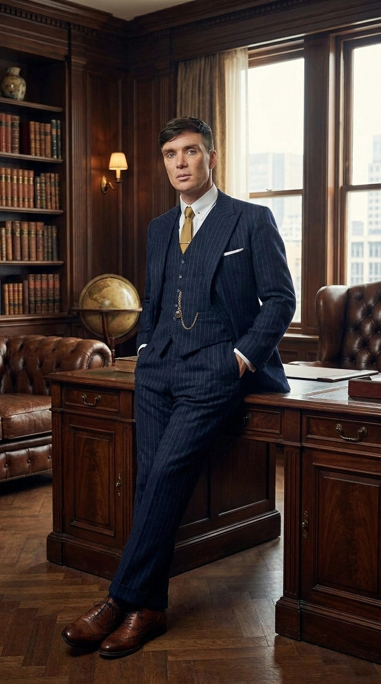 Men’s Navy Blue Pinstripe 3 Piece Suit, Thomas Shelby Inspired Vintage Formal Suit for Weddings, Parties, Prom, and Special Events - 34 Short or Extra Small