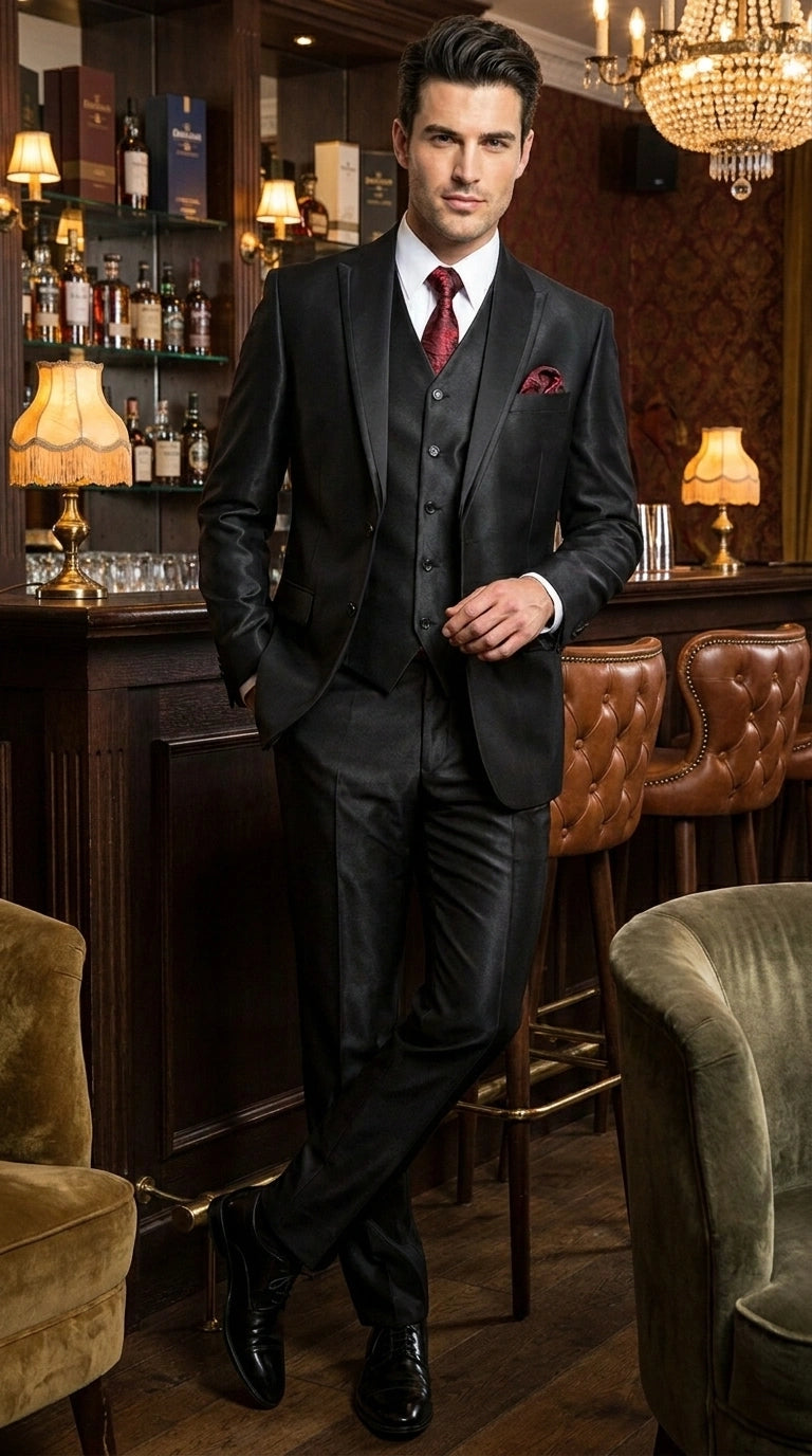 Men’s Black Shiny 3 Piece Tuxedo Groom Suit, Formal Vest Suit for Weddings, Prom, Black Tie Events, Black Lapel - 34 Short or Extra Small