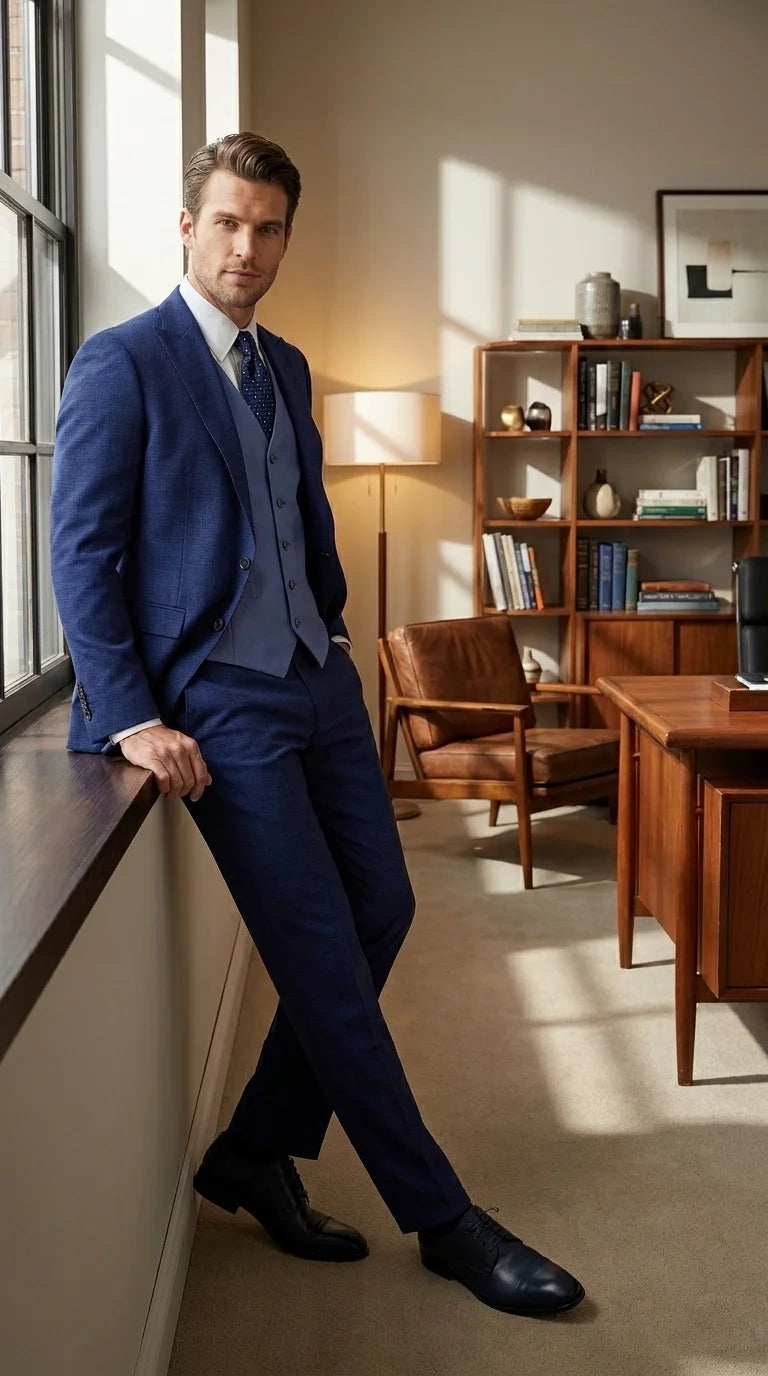 Vitali Men’s Navy Blue 3 Piece Suit with Light Blue Vest, Textured Formal Dress Suit for Weddings, Prom, Business Events, and Parties - 34 Short or Extra Small