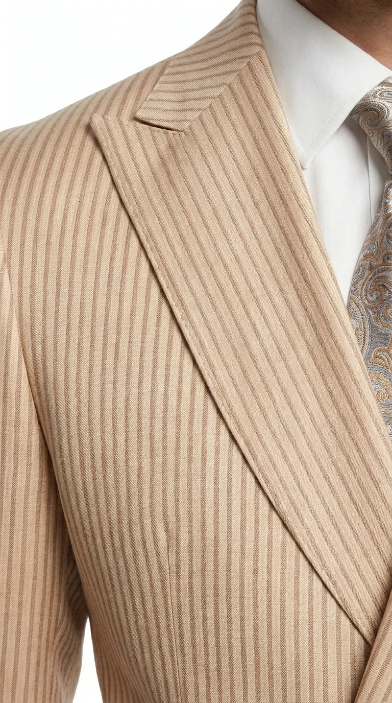 Vitali Men’s Tone on Tone Beige Pinstripe 2 Piece Suit, Double Breasted Summer Dress Suit for Weddings, Tan Beige Shadow Pinstripe - 34 Short or Extra Small