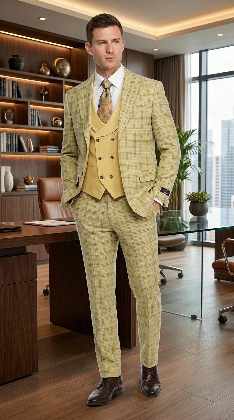 Vitali Men’s Sage Beige Tan Plaid 3 Piece Suit, Check Pattern Formal Dress Suit for Weddings, Prom, Business Events, Modern Fit Light Yellow Color - 34 Short or Extra Small