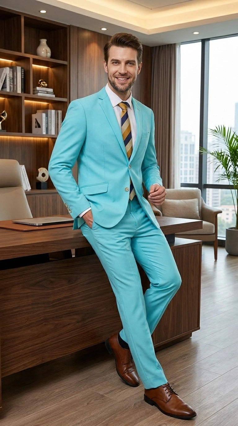 Men’s Aqua Blue 2 Piece 2 Button Suit, Formal Dress Suit for Weddings, Prom, Parties, Summer Events, Turquoise Light blue - 34 Short or Extra Small