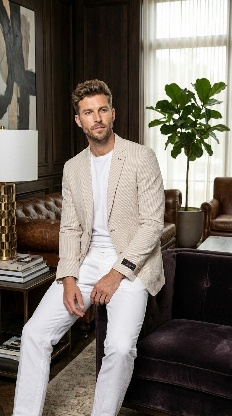 Men’s Beige Seersucker Summer Blazer, Lightweight Striped Sport Coat for Weddings, Parties, Beach Events in Tan Color - 36 Short