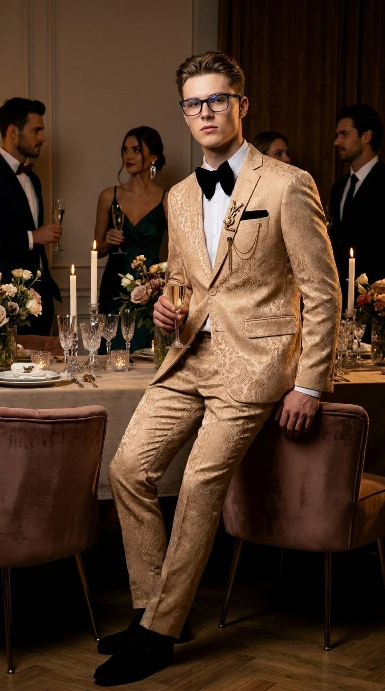 Men’s Champagne Gold Paisley Prom Tuxedo, Formal Dinner Suit for Prom, Weddings, Parties in Tan Color - 34 Short or Extra Small