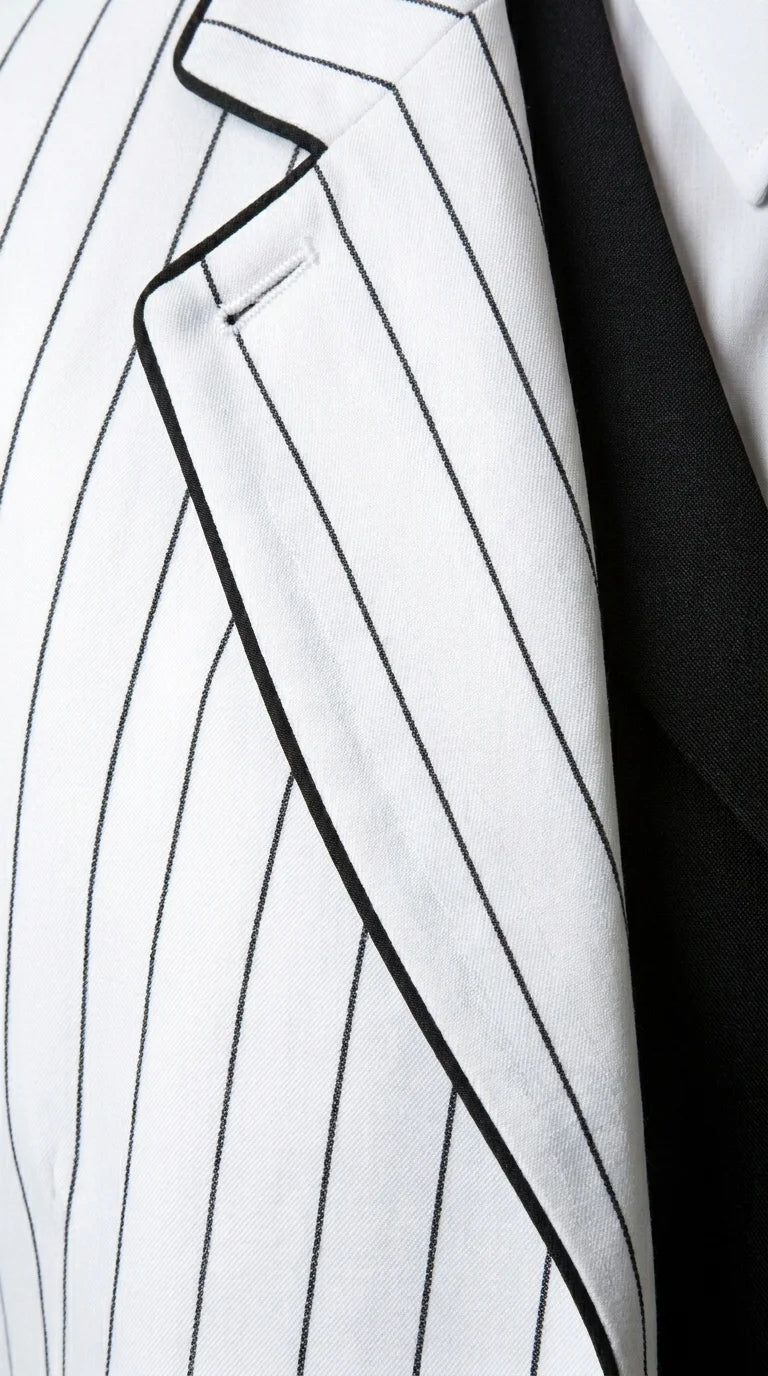 Men’s White Pinstripe 1920s Gangster 3 Piece Suit, Black Contrast Formal Costume Suit for Parties, Prom, Weddings, and Theme Events - 34 Short or Extra Small