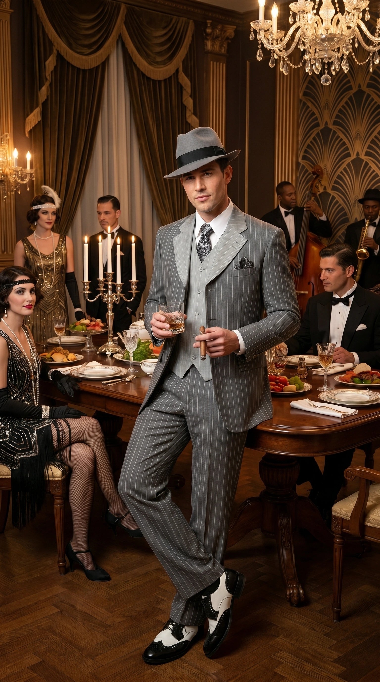 Men’s Grey Pinstripe 1920s Gangster 3 Piece Suit, Contrast Lapel Vintage Formal Suit for Parties, Prom, Weddings, and Theme Events - 34 Short or Extra Small