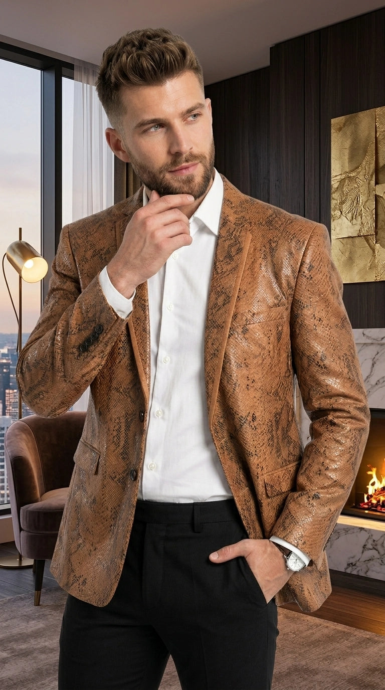 Men’s Tan Snakeskin Print Blazer, Brown Sport Coat Camel Alligator Crocodile Animal Print leopard Jacket - 36 Short