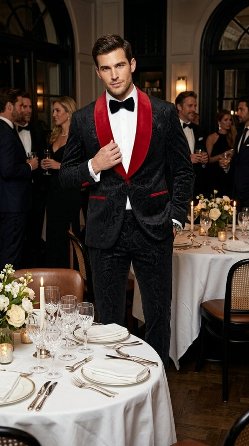 Men’s Black Paisley 2 Piece Suit with Red Shawl Lapel, Formal Wedding Prom Party Suit Set