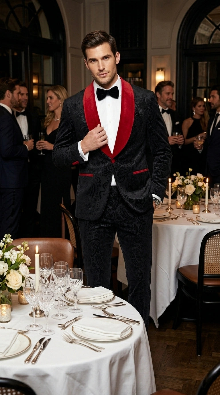 Men’s Black Paisley 2 Piece Suit with Red Shawl Lapel, Formal Wedding Prom Party Suit Set - 34 Short or Extra Small