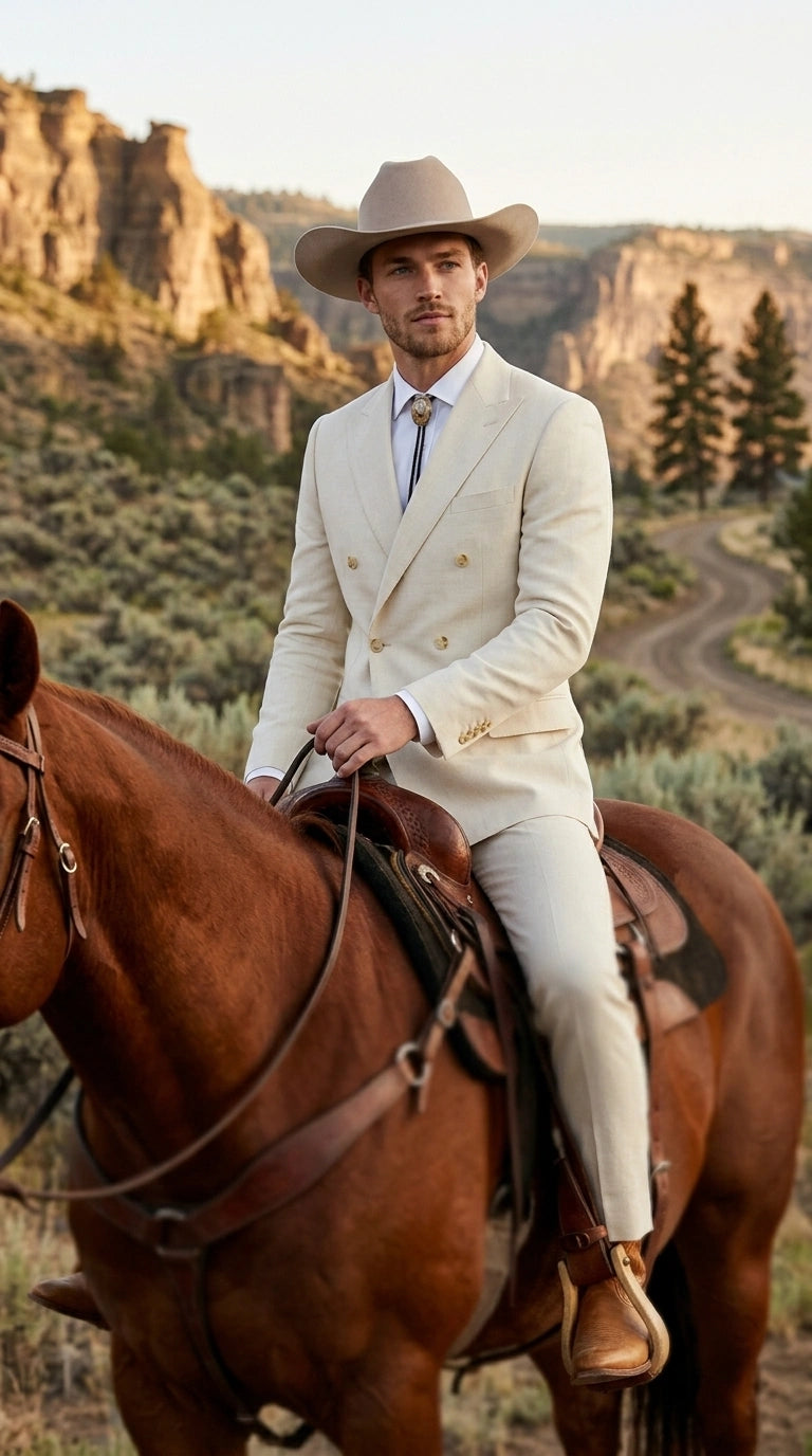 Men’s Tan Linen Cowboy Suit, Double Breasted Western Wedding Formal Western Suit Country style in Beige Tan Color - 34 Short or Extra Small