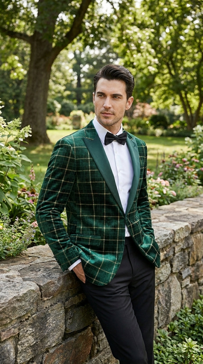 Men’s Green and Gold Plaid Christmas Holiday Blazer – Classic Check Party Jacket for New Year, Wedding and Festive New Year event - 36 Short