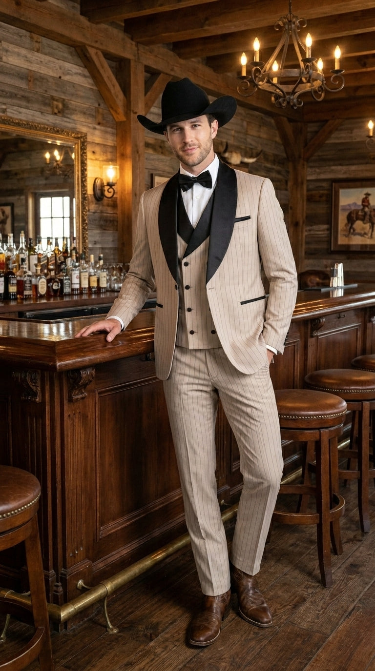 Men’s Beige Pinstripe Western 3 Piece Tuxedo Suit with Black Shawl Lapel, Formal Cowboy Wedding Prom Suit in Tan Khaki Color - 34 Short or Extra Small