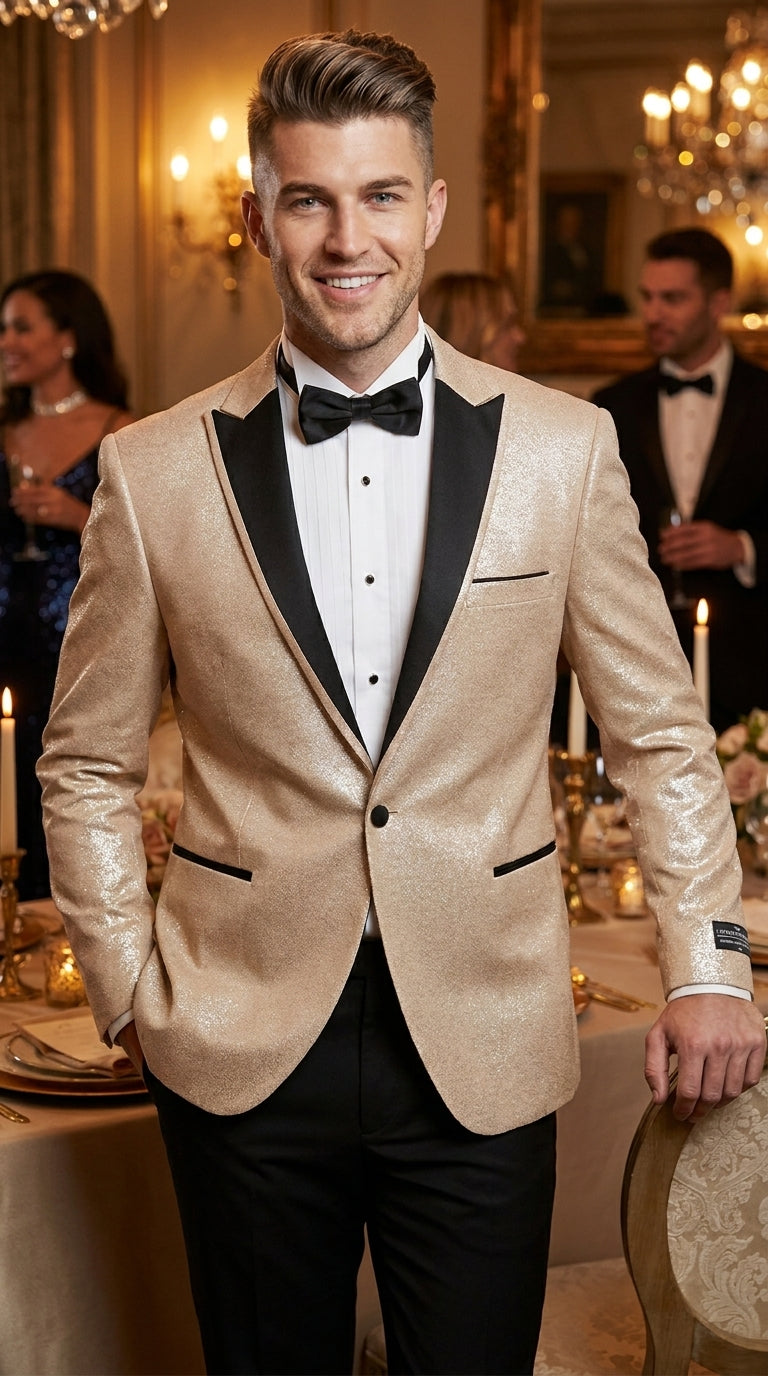 Men’s Gold Blazer with Black Lapel – Elegant Gold Formal Blazer Jacket for Wedding, Prom, Tuxedo in champagne Color - 36 Short