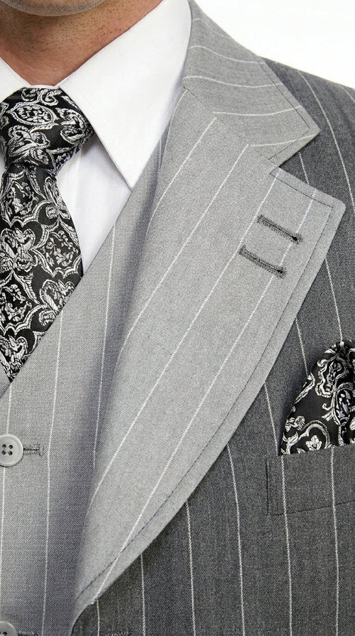 Men’s Grey Pinstripe Zoot Suit 3 Piece – 1920s Gangster Vintage Wide Lapel Suit with Vest for Wedding, Party