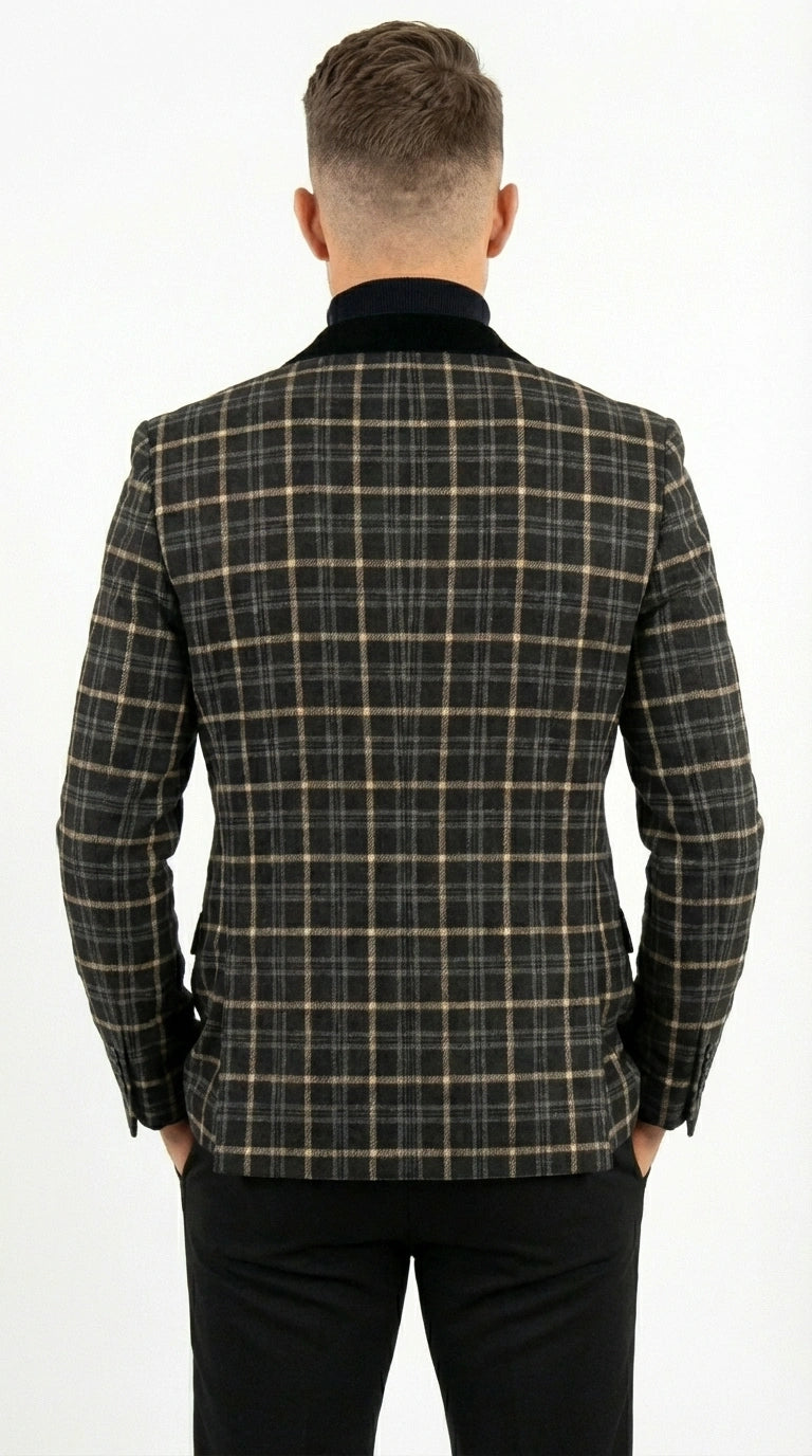 Mens Tartan Black and Gold Check Blazer – Windowpane Plaid Sport Coat Velvet Lapel Formal Party Jacket Chirsitmas New Year Holiday Jacket - 36 Short
