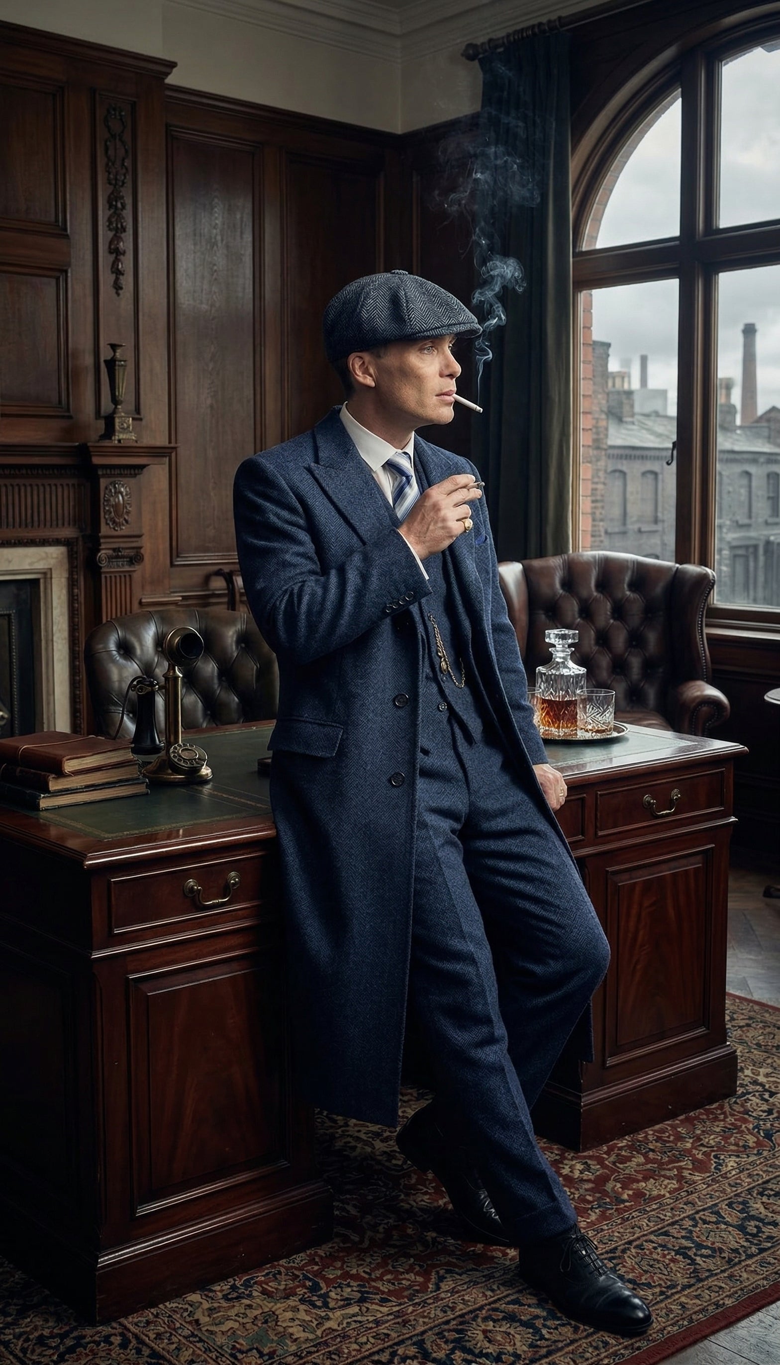 Men’s Navy Blue Herringbone Tweed  1920s 3 Piece Suit with Overcoat – Vintage Peaky Blinder Style Formal Suit Set with Blazer, Waistcoat + Overcoat + Hat - Navy Blue