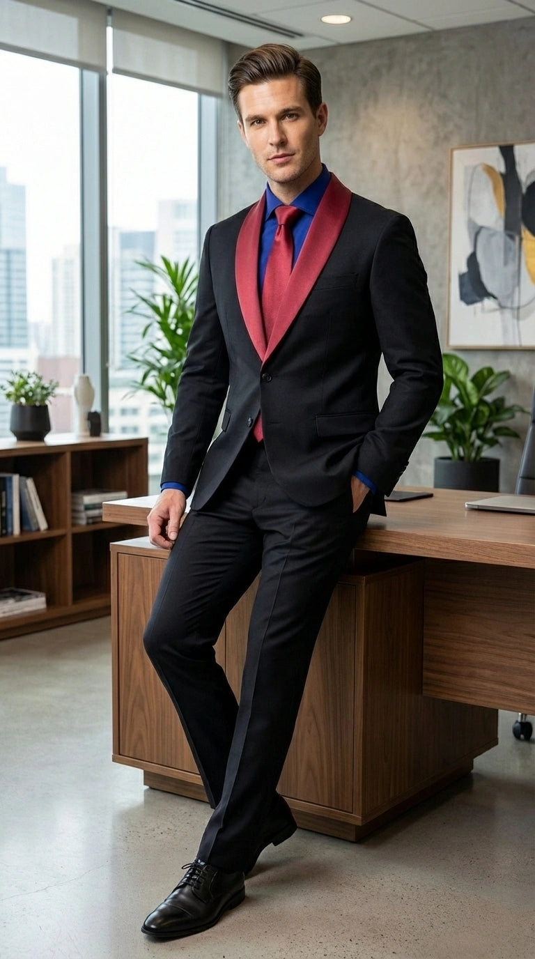 Men’s Black Suit with Burgundy Shawl Lapel –  Formal Tuxedo Suit for Wedding, Prom and Evening Events + Bowtie & Tie - 34 Short or Extra Small