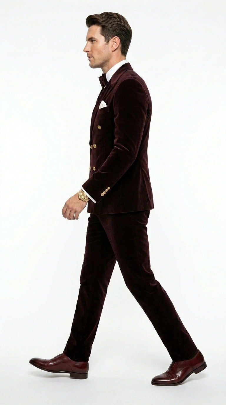 Men’s Dark Brown Velvet Blazer and Pants 2 Piece Suit, Double Breasted Formal Dinner Suit for Weddings, Prom - 34 Short or Extra Small