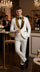 Men’s White Paisley 3 Piece With Vest Prom Tuxedo with Gold Velvet Shawl Lapel, Formal Wedding Suit Set