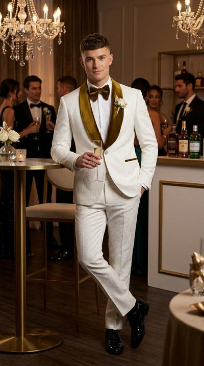 Men’s White Paisley 3 Piece With Vest Prom Tuxedo with Gold Velvet Shawl Lapel, Formal Wedding Suit Set