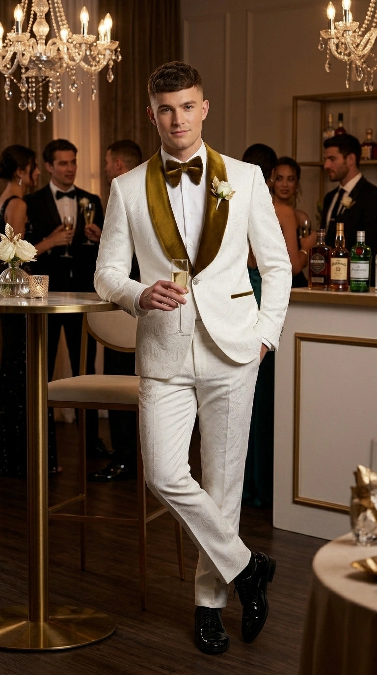 Men’s White Paisley 3 Piece With Vest Prom Tuxedo with Gold Velvet Shawl Lapel, Formal Wedding Suit Set - 34 Short or Extra Small