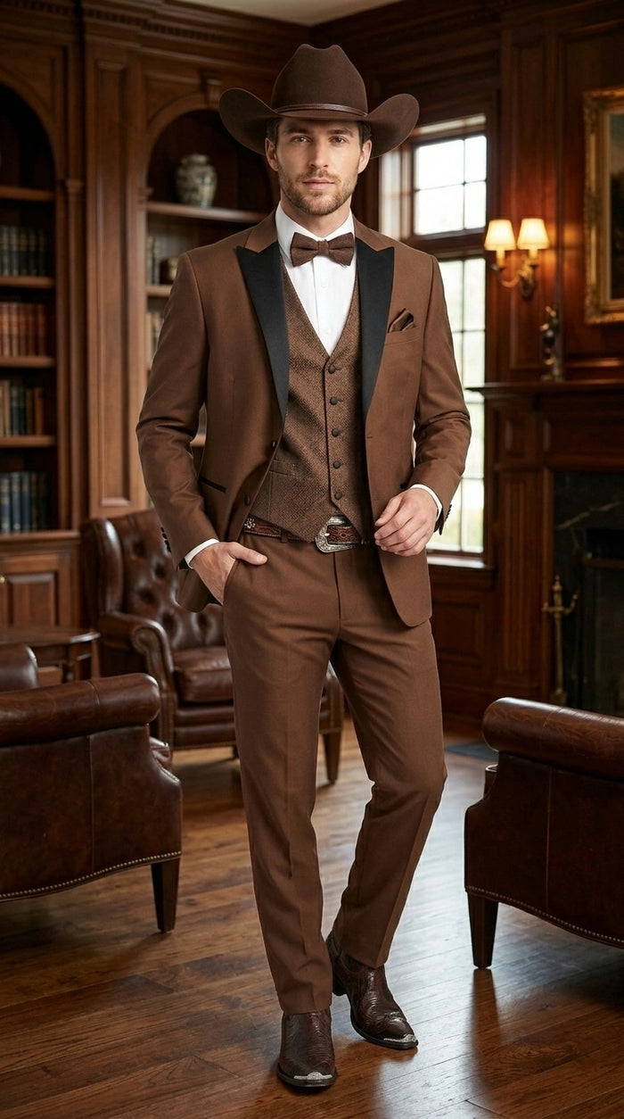 Men’s Light Brown Western Tuxedo 3 Piece Suit with Black  Collar Lapel, Country Look Cowboy Suit