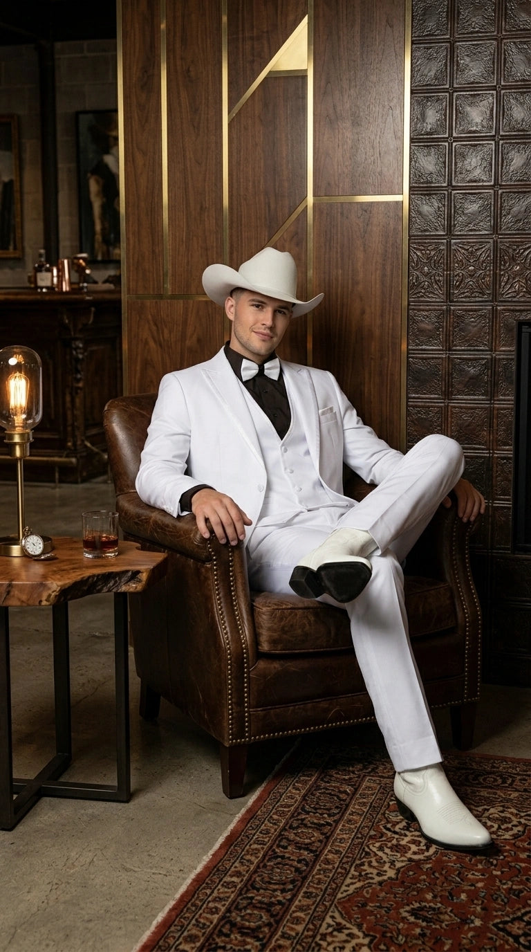 Men’s White Western Cowboy 3 Piece Tuxedo Suit, Formal Wedding Prom Groom Suit Set - 34 Short or Extra Small